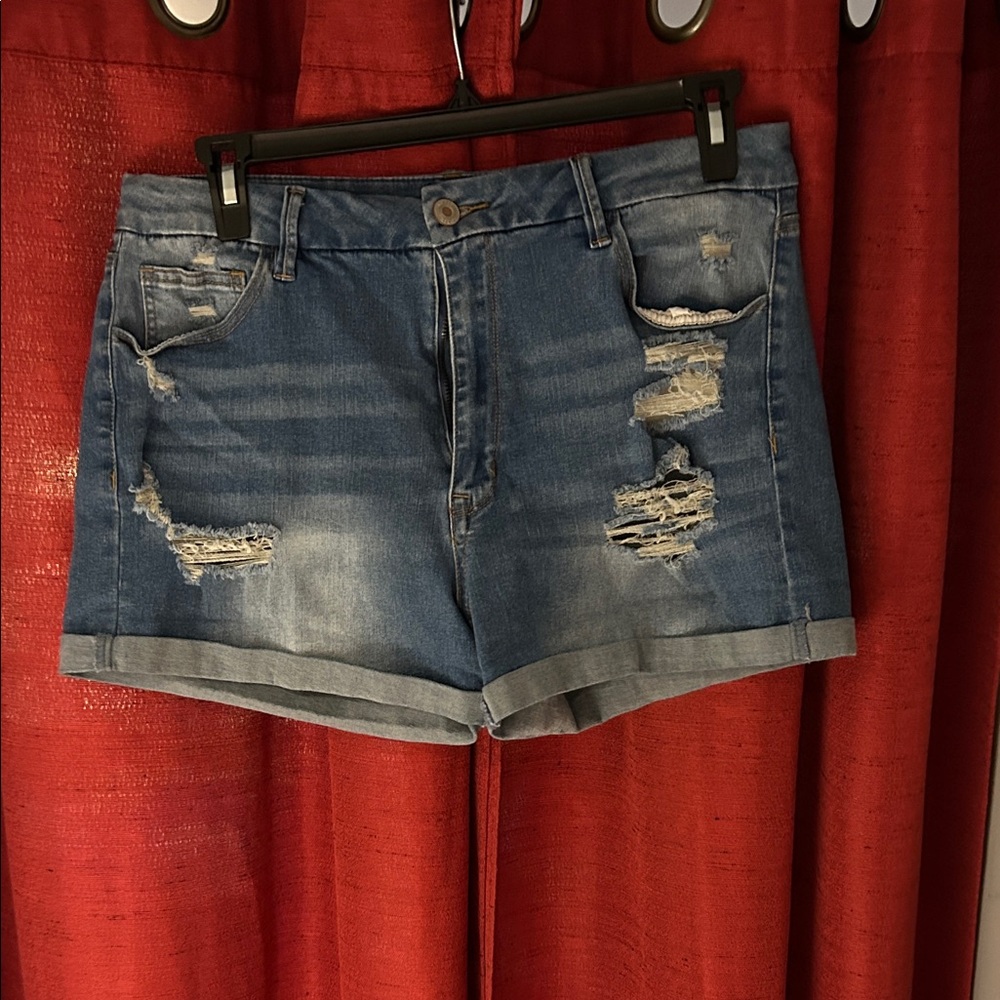 Rue21 Mid-Blue Distressed Roll-Cuff Jean Shorts